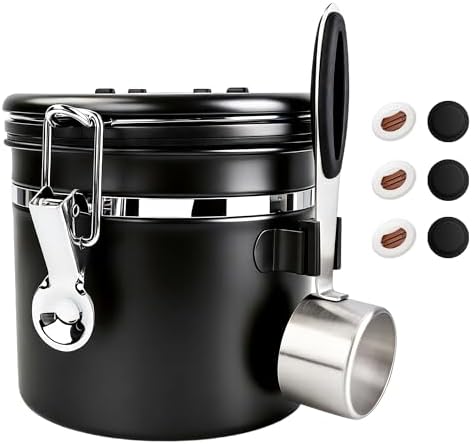 ShanSon Coffee Canister Airtight, Stainless Steel Bean Storage Container with Date Tracker & Scoop, Grounds Sugar Flour Tea Cereal Fits Kitchen Pantry, Ideal Gift for Coffee Lovers,12oz, Black by ShanSon