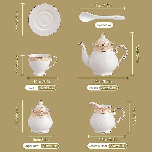 Sweejar 21 Piece Porcelain Tea Set, Vintage British Floral Relief Gold Rimmed Teapot Cup and Saucer Set, Tea Set Service with Teapot, Sugar Bowl, Milk Jug, Spoons, Tea Cup and Saucer Set of 6(Flower) - Image 3