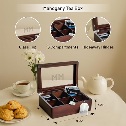 Bey-Berk Custom Engraved Mahogany Tea Storage Chest with Glass Lid – 6-Compartment Box for Tea Bags & Accessories - Image 2