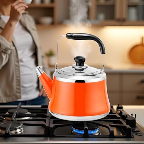 Tea Kettle Stovetop, 1.1 Quart Small Cute Tea Pot, Whistling 304 Food Grade Stainless Steel Teapot for Stove top, Loud Whistle Kettle for Tea, Coffee, Milk (Orange, 1L) - Image 2