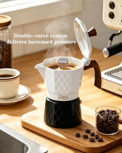 Bincoo 120ML Stovetop Espresso Maker Double Valve Moka Pot with Thermostat Extractor Prevent over-extraction,Italian Espresso Moka Pot with Powder Dispenser and Filter Paper for Home (White/Black) - Image 3
