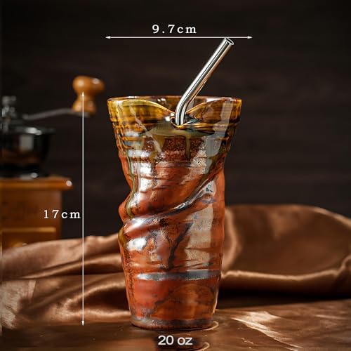 Ceramic Cup with Straw, Vintage Porcelain Coffee Mug, Handmade Mugs for Espresso Latte drink, Handleless, Dishwasher & Microwave Safe, large capacity - 16oz Red - Image 2