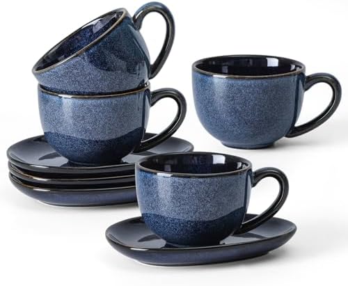 vicrays 6.5 oz Cappuccino Cups with Saucers, Set of 4, Ceramic Coffee Cup for Au Lait, Double shot, Latte, Cafe Mocha, Tea (Starry Blue) by VicraysCeramic