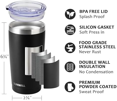 SUNWILL Travel Coffee Mug with Lid, 20 oz Tumbler Set of 2, Insulated Stainless Steel Cup for Water, Tea, Ice, Powder Coated Black 2 pack - Image 2