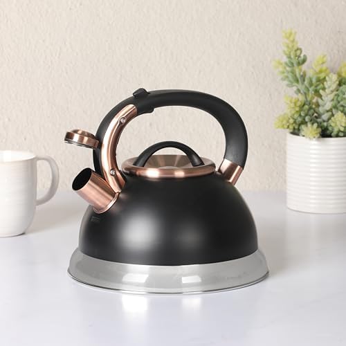 Mr. Coffee Flintshire 2.2 Quart Large Whistling Stainless Steel Tea Kettle, Matte Black with Copper Accent, Stovetop Fast-Boil Tea Pot - Image 3