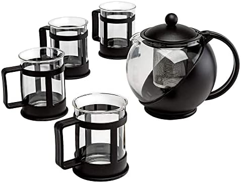 Primula Half Moon Teapot_Set with 4 Tea_Cups, Removable Stainless Steel Filter and Infuser, Glass Tea_Maker, Filter, Dishwasher Safe, 40-Ounce, Tea Gift Set,Tea Set for Service of 4 Adults (Pack of 6) by Primula