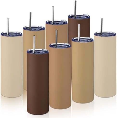 8 Pcs 20oz Insulated Stainless Steel Tumbler with Lid and Straw, Brown by Patelai