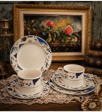 SODEF Vintage Porcelain 6-Piece Tea Cup Set Geometric Modern Pattern Ecru Base Multicolor Cups Saucers Dessert Plates for 2 People Collectible Display - Ecru by Unknown