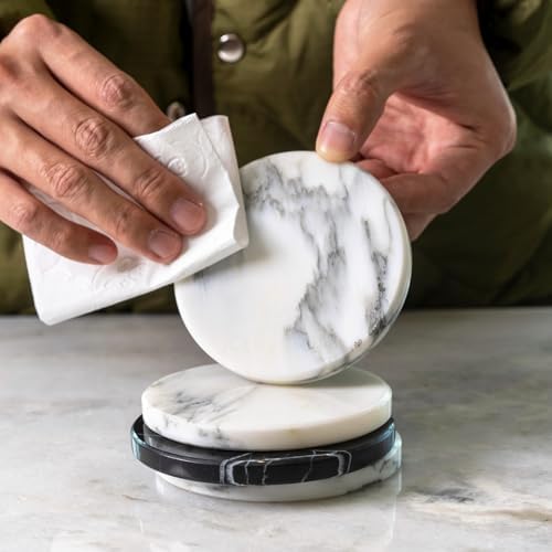 Koville Marble Coasters Set of 6 for Home Décor, 3.9" Inches Handmade Round Coaster, Luxury Aesthetic Modern Drink Coaster for Table Décor, Coasters for Dining, Bar or Office (Arabescato White) - Image 6