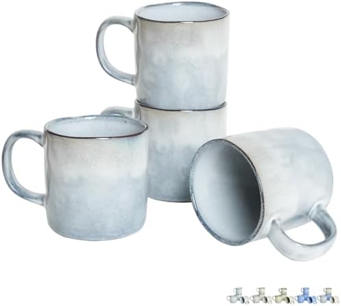 Bosmarlin Ceramic Coffee Mug Set of 4, 14 Oz, Coffee Cups with Big Handle, Microwave Safe, Unique Reactive Glaze (Light Blue, 14 Oz) by Bosmarlin