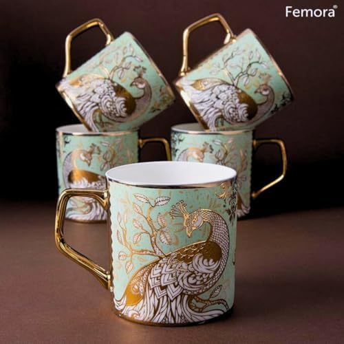 Femora Handcrafted Ceramic Coffee Mugs Indian Golden Tea Cups Set of 6 (6 oz), Cappuccino Cups, Coffee Cups, White Tea Cup Set, British Coffee Cups, Porcelain Tea Set, Latte Cups, Espresso Mug. - Image 4