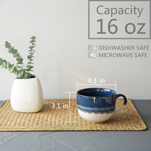 Bosmarlin Ceramic Coffee Mug Set of 4, 16 Oz, Jumbo Latte Mugs, Dishwasher and Microwave, Unique Reactive Glaze (Deep Blue, 16 Oz) - Image 2