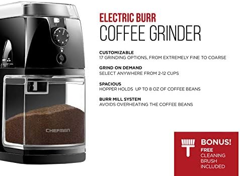 Chefman Coffee Grinder Electric Burr Mill - Freshly Grinds Up to 2.8oz Beans, Large Hopper with 17 Grinding Options for 2-12 Cups, Easy One Touch Operation, Cleaning Brush Included, Black - Image 2