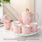 DEARART Luxury Ceramic Tea Set, 1 Teapot & 6 Cups with Serving Tray, Handle Porcelain Coffee Tea Service Set, Elegant Pink Tea Cup Set for Home Kitchen, Afternoon Tea etc - Image 3