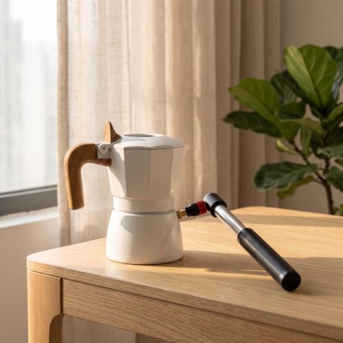 Gralara Italian Coffee Pot with Manual Pump Wood-Grain Pneumatic Coffee Maker Compact for Home Baristas, Kitchen, Black And White, style to 1 - Image 4