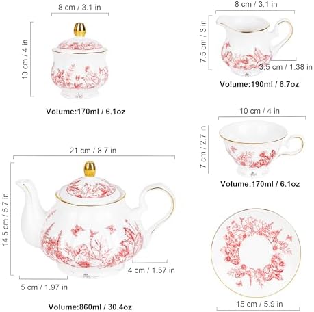 fanquare 22 Piece Vintage Red Floral Porcelain Tea Set with Holder - Image 6