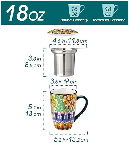 vancasso Ceramic Tea Mug with Infuser and Lid, 18 Ounce Bohemian Loose Leaf Cup, Microwave & Dishwasher Safe, Perfect for Tea, Coffee, Lime-Green Fiesta - Image 2