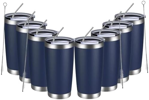 MEWAY 20oz Tumbler 8 Pack Double Wall Vacuum Insulated Travel Mug Bulk, Stainless Steel Tumblers with Lid and Straw, Durable Powder Coated Coffee Cups for Cold & Hot Drinks (Navy, 8) by MEWAY