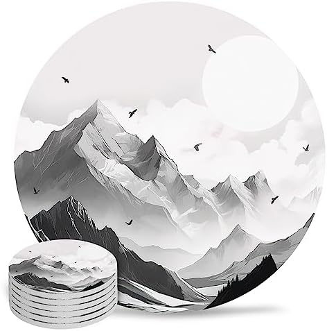 Coasters for Drinks Set of 6, Mountain Peak Sun Eagle Natural Landscape Ceramic Cup Mat, Absorbent Ceramic Stone Coasters with Cork Base for Coffee, Cups, Wooden Table, Home Decor 4 Inch by Daleng