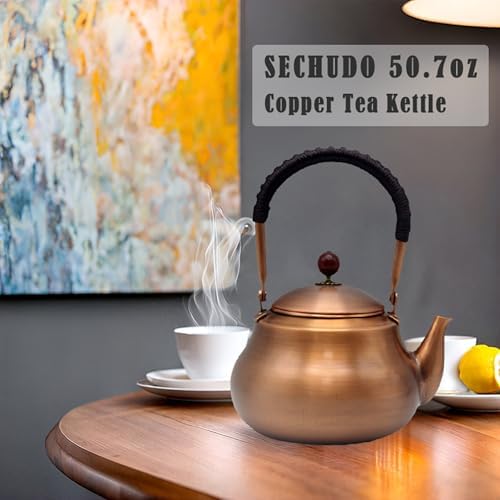 50.7oz Copper Tea Kettle for Stovetop Safe, Chinese Style Non-Coating Pure Copper Teapot with Filter Holes and Tea Ball for Loose Tea, Handmade Solid Metal Tea Pot with Non Slip Handle(1500ml) - Image 2
