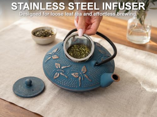 Blue Butterfly Cast Iron Tea Set, 2 Cups, 2 Saucers, Infuser & Trivet - Image 4