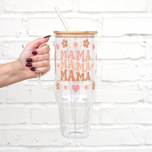 Sip-Sip Hooray! Retro Mama 40oz Glass Tumbler with Lid and Straw, Floral Mom Gift, Mother's Day Birthday Cup for Women, Flower Iced Coffee Drinkware - Image 2