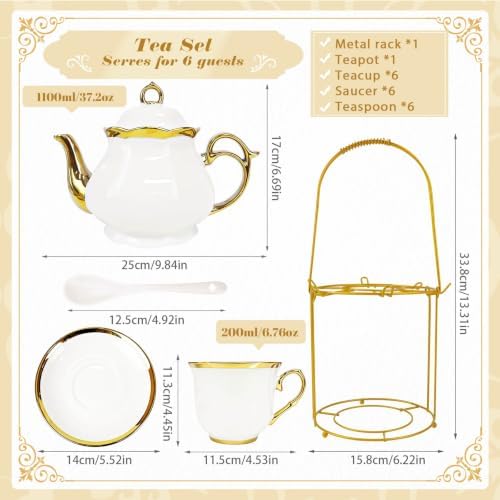 20 Pcs Porcelain Tea Set with Metal Holder, Adult Tea Set Gift, Large European Ceramic Tea Set for Adults, Flower Tea Cup Saucer Set for Party With Gold Trim(French White/1100ml) - Image 3