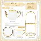 20 Pcs Porcelain Tea Set with Metal Holder, Adult Tea Set Gift, Large European Ceramic Tea Set for Adults, Flower Tea Cup Saucer Set for Party With Gold Trim(French White/1100ml) - Image 3