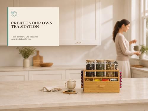 KKC HOME ACCENTS Bamboo Tea Station Organizer Set with 3 Glass Jars Drawer - Image 2