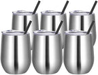 VEGOND Wine Tumblers Bulk 6 Pack, 12oz Stainless Steel Stemless Wine Glass with Lids and Straws, Double Wall Vacuum Insulated Tumbler Cup, Coffee Mug for Cold Hot Drinks by VEGOND