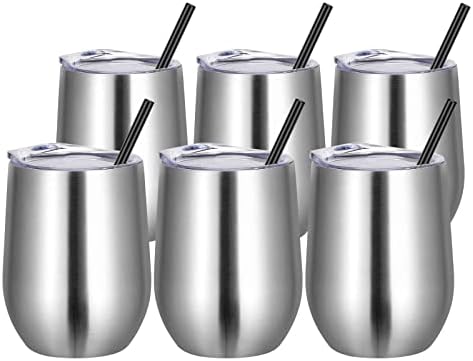 VEGOND Wine Tumblers Bulk 6 Pack, 12oz Stainless Steel Stemless Wine Glass with Lids and Straws, Double Wall Vacuum Insulated Tumbler Cup, Coffee Mug for Cold Hot Drinks by VEGOND