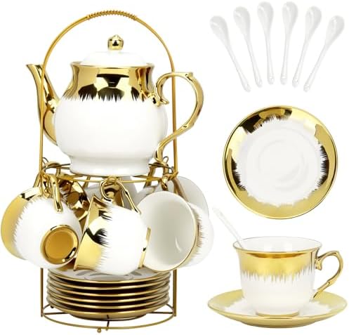 20 Pcs Porcelain Tea Set with Metal Holder and Spoon, European Ceramic Tea Set for Adults, European Flower Painting Teapot Cup Saucer Spoon Set for 6, 1000ML Gift Pack(White) by YourLifeCollector