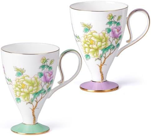 KAMMAK Bone China Coffee Mugs, 15oz Floral Tea Cups with Handle, Set of 2 by KAMMAK