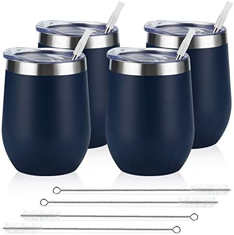 Lifecapido 4 Pack 12Oz Stainless Steel Stemless Wine Glasses, Insulated Wine Tumbler, Stainless Steel Wine Tumbler Cups with Lids and Straws for Coffee, Cocktails, Wine, Champaign, Navy Blue by Lifecapido