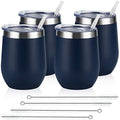 Lifecapido 4 Pack 12Oz Stainless Steel Stemless Wine Glasses, Insulated Wine Tumbler, Stainless Steel Wine Tumbler Cups with Lids and Straws for Coffee, Cocktails, Wine, Champaign, Navy Blue by Lifecapido