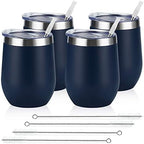 Lifecapido 4 Pack 12Oz Stainless Steel Stemless Wine Glasses, Insulated Wine Tumbler, Stainless Steel Wine Tumbler Cups with Lids and Straws for Coffee, Cocktails, Wine, Champaign, Navy Blue by Lifecapido