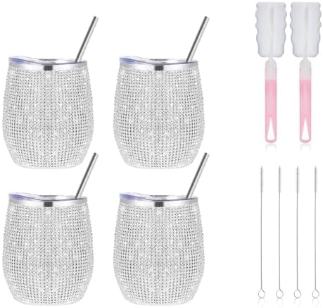 12 Oz Bling Wine Tumbler with Lid Straw and Brushs, 4 - Pack Insulated Wine Glass Tumbler Double-Wall Vacuum Stainless Steel Coffee Mug Sparkly Travel Cup for Beer Champaign Cocktail, White by Unknown
