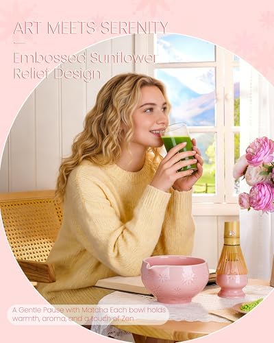 Matcha Whisk Set, 6pcs Matcha Set Includes Matcha Bowl with Spout, Bamboo Whisk & Scoop with Cute Charm, Chasen Holder, Innovative Sifter Handle, Tea Mat for Latte Making, Pale Pink - Image 2