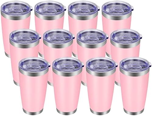 VEGOND 20oz Tumbler with Lid and Straw Stainless Steel Tumbler Cup Bulk Vacuum Insulated Double Wall Travel Coffee Mug Powder Coated Coffee Cup, Pink, 12 Pack by VEGOND