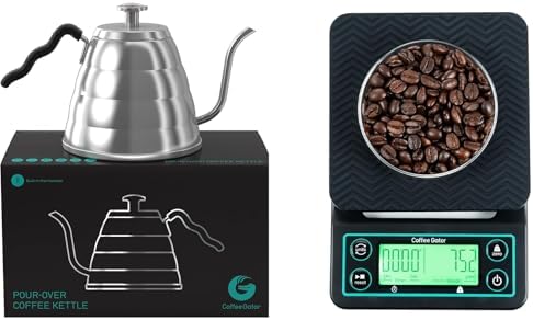 Coffee Gator Gooseneck Kettle 34oz Stainless Steel for Pour Over and Coffee Scale 0.1 Precision with Timer by CoffeeGator