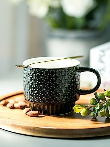 LYEOBOH Stackable Coffee Mugs Set of 4 with Rack & Spoons Coffee Mug Set 13 OZ., Ceramic Embossed Grinding Demitasse Cups Set Cappuccino Cup Halloween for Coffee, Latte, Macchiato, Espresso, Black - Image 6