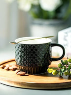 LYEOBOH Stackable Coffee Mugs Set of 4 with Rack & Spoons Coffee Mug Set 13 OZ., Ceramic Embossed Grinding Demitasse Cups Set Cappuccino Cup Halloween for Coffee, Latte, Macchiato, Espresso, Black - Image 6