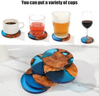 Wooden Beverage Coaster Set of 6 with Holder - Handmade Resin Wood Coasters, Drink Coaster Set for Coffee Tables, Home Bar Decorations, Round Blue Wood Coaster Set - Image 2