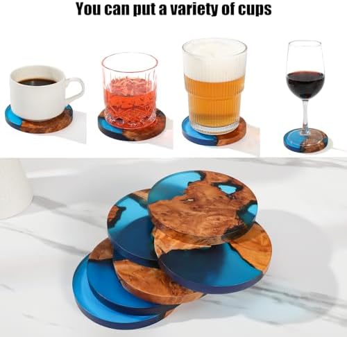 Wooden Beverage Coaster Set of 6 with Holder - Handmade Resin Wood Coasters, Drink Coaster Set for Coffee Tables, Home Bar Decorations, Round Blue Wood Coaster Set - Image 2