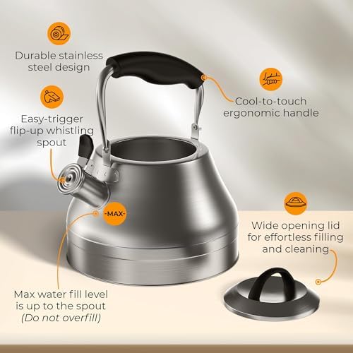 Stovetop Whistling Tea Kettle 2.4 QT / 2.3L, Stainless Steel Water Kettle for Induction, Gas & Electric Stoves, Fast Boiling Tea Kettle with Loud Whistle, Cool Touch Handle, Wide Lid, Satin, Silver - Image 2