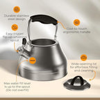 Stovetop Whistling Tea Kettle 2.4 QT / 2.3L, Stainless Steel Water Kettle for Induction, Gas & Electric Stoves, Fast Boiling Tea Kettle with Loud Whistle, Cool Touch Handle, Wide Lid, Satin, Silver - Image 2