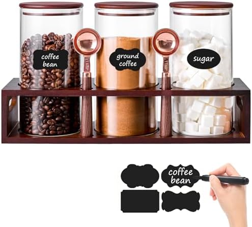 ZOMUIA Glass Coffee Containers Airtight Coffee Bean Storage Canisters with Shelf, 3Pcs 44oz Coffee Station Organizer, Kitchen Food Storage Jars for Sugar, Candy, Oats, Nuts (Retro) by ZOMUIA