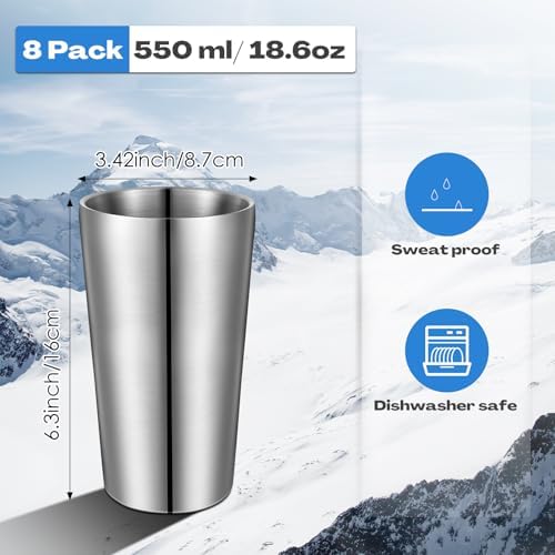 Mimorou 8 Pack Stainless Steel Insulated Cup 18.6 oz Metal Tumbler Double Wall Vacuum Water Glasses Camping Reusable Mugs BBQ Home Office Party Coffee(Silver) - Image 2