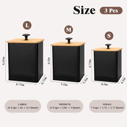 Kitchen Canisters Set of 3, Metal Flour Sugar Storage Containers with Airtight Lids-Canisters Sets for Kitchen with Customizable Chalkboard Labels & Marker Pen-Spice, Coffee Storage Jars(Black) - Image 2