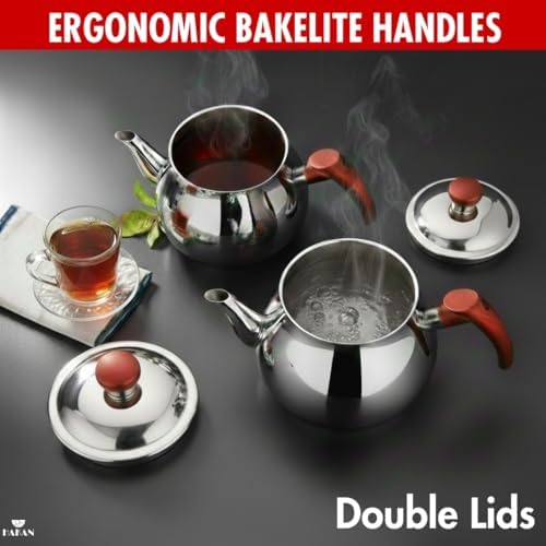 Hakan Teapot Set with Self Strainer Double Lids, Stainless Steel Mini Double Bondy Tea Pot Set, Turkish Samovar Style, Tea Kettle for Loose Leaf Tea with Bakelite Handle | 0.84 + 1.26 Qt. - Image 6